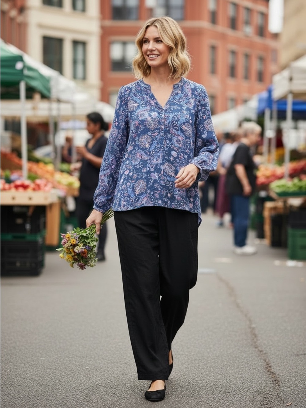 Nine West Blue Floral V-Neck Long-Sleeve Blouse Size Large